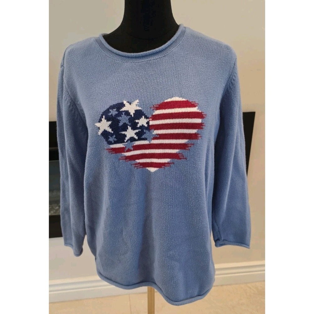 Coldwater‎ Creek Preppy Coastal Americana Sweater US Flag Heart Knit 100% Cotton